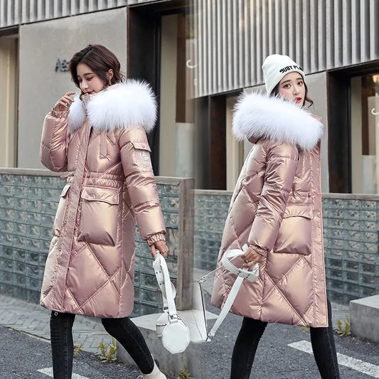 Champagne Winter Jacket Parkas Women Coat Fur Collar Hooded Overcoat Female Jacket Thick Warm Cotton Padded Puffer Parka Outwear 