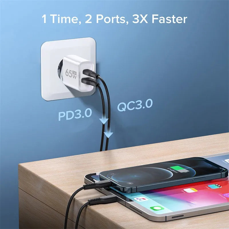 GAN 65W PD USB Charger Type C Charger Fast Charging Power Adapter for iPhone 15 Xiaomi Huawei Samsung Mobile Phone Quick Charger