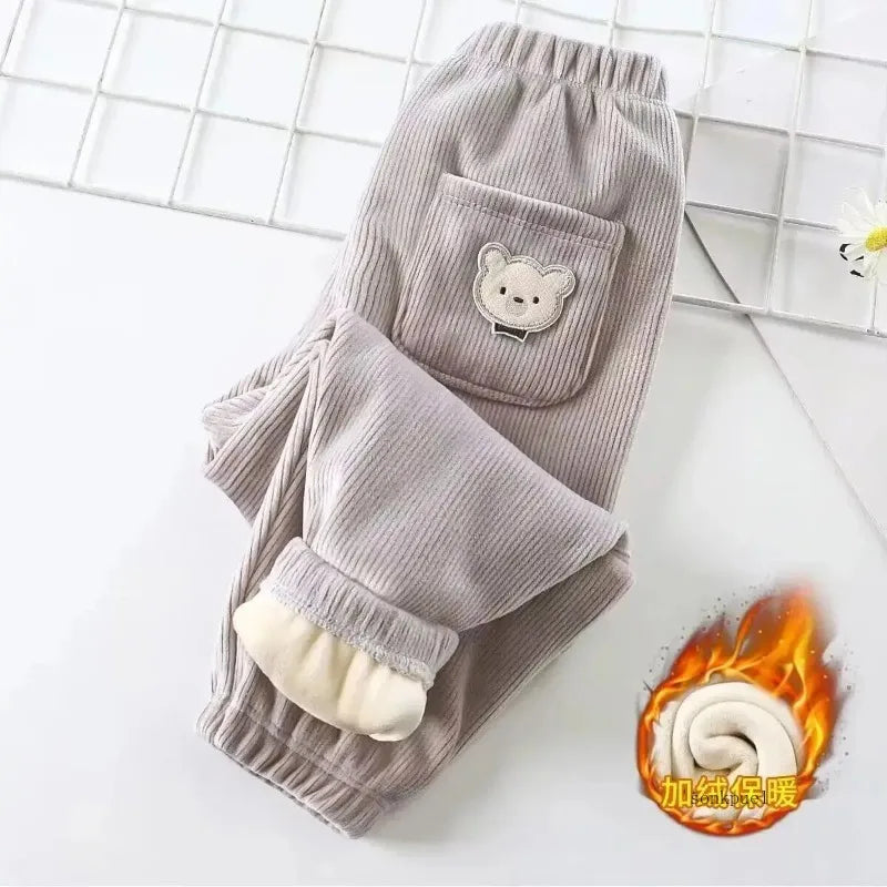 Kids Warm Pants Autumn Winter Girls Thicken Trousers Baby Boys Cute Bear Print Children Casual Harem Pants