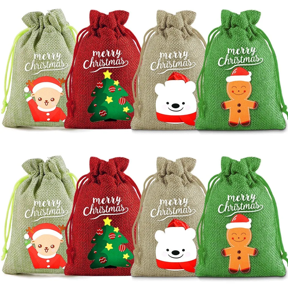 Linen Cotton Drawstring Bags Merry Christmas Decoration 2024 Christmas Navidad Natal New Year 2025 Packing Gift Candy Bag