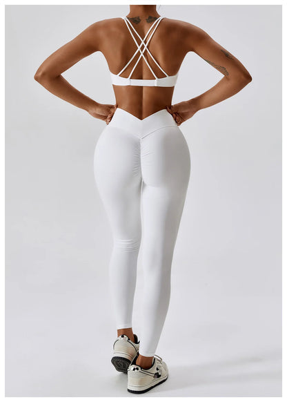 White Yoga Sets Women Sexy Beauty Back Bra High Waist Leggings Suit Comfort Soild Fitness Running Sport Sets Breathabe Sportwear