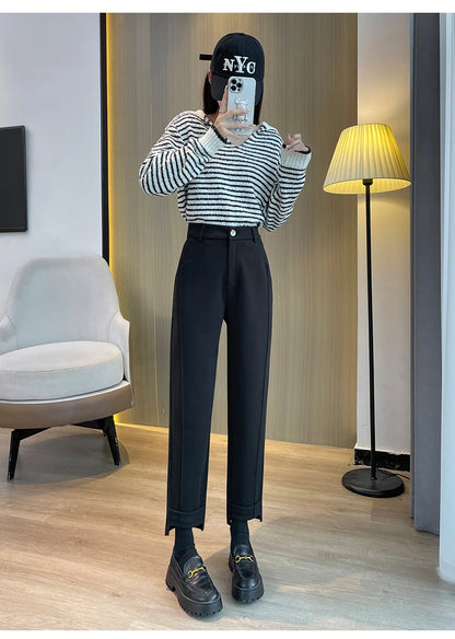 Woolen Pants Women's Harem Pencil Pants 2024 Autumn Winter High Waist Casual Pantalones Beige Black Women Ankle-Length Trousers