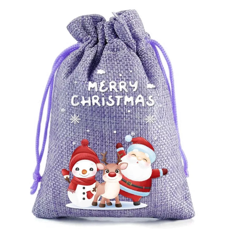 Linen Cotton Drawstring Bags Merry Christmas Decoration 2024 Christmas Navidad Natal New Year 2025 Packing Gift Candy Bag