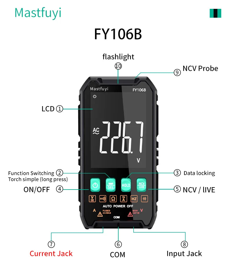 MASTFUYI Mini Digital Multimeter Smart Electrician Tester For DC/AC Voltage Capacitance Ohm Hz NCV Professional Multitester