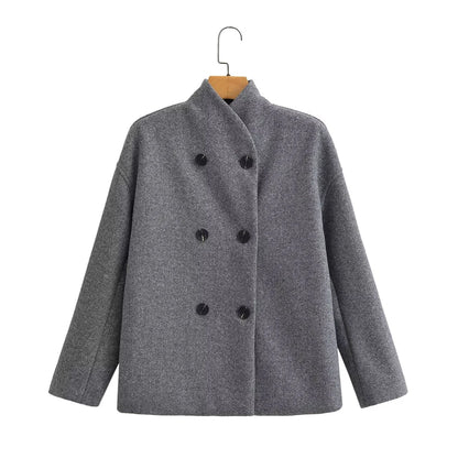 TRAF Women's British style short double-breasted tweed jacket fashion commuter long-sleeved stand-up collar coat jacket