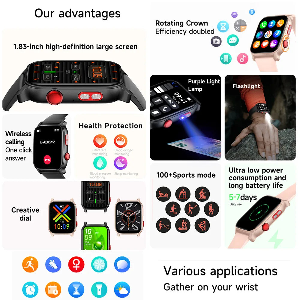 2025 New Flashlight Smart Watch Woman Men HD Touch Screen BT Call Multi Sport Mode Health Monitoring IP68 Waterproof Smartwatch