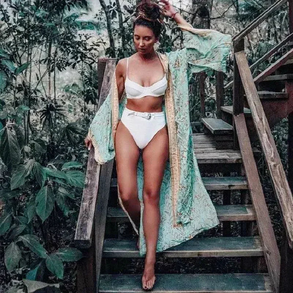 Kimono da spiaggia Happie Queens,  bohémien in rayon con stampa floreale verde e maniche a pipistrello, da donna, con scollo a V, stile boho, bikini.