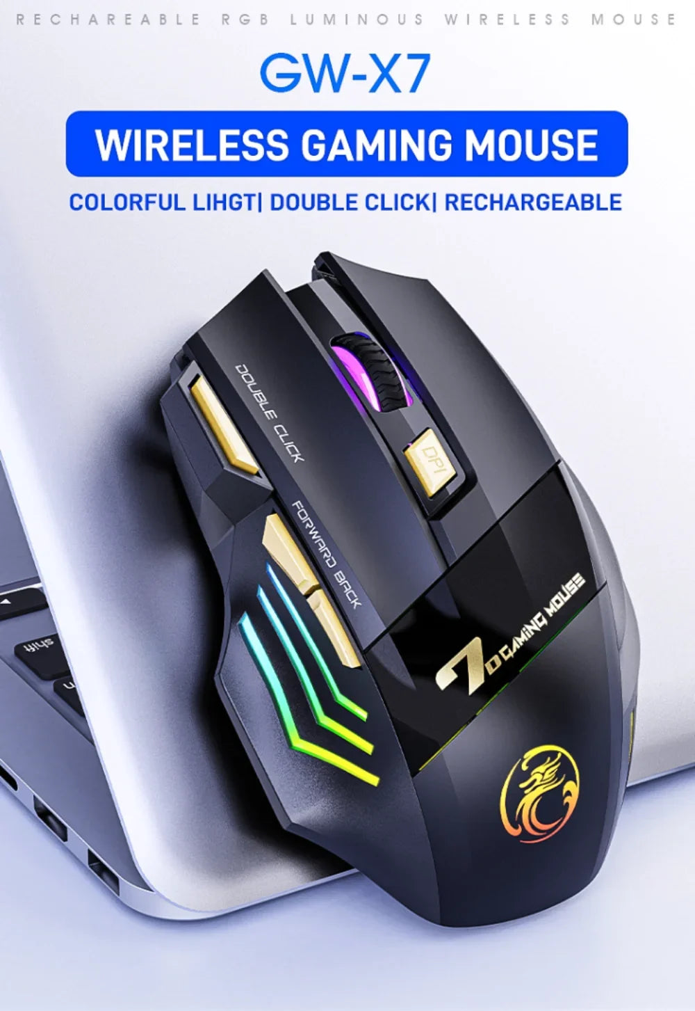 2023 New GW - X7 Free Double-click 2.4G Btooth Silent Rechargeable Dazzling Breathing Light Wireless Game Mouse 7 Keys