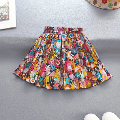 Kids Girls Princess Pleated Skirts Korean Girls Cotton Printed Large Hem Skirt Kids Floral Fluffy Party Skirt Children Clothes