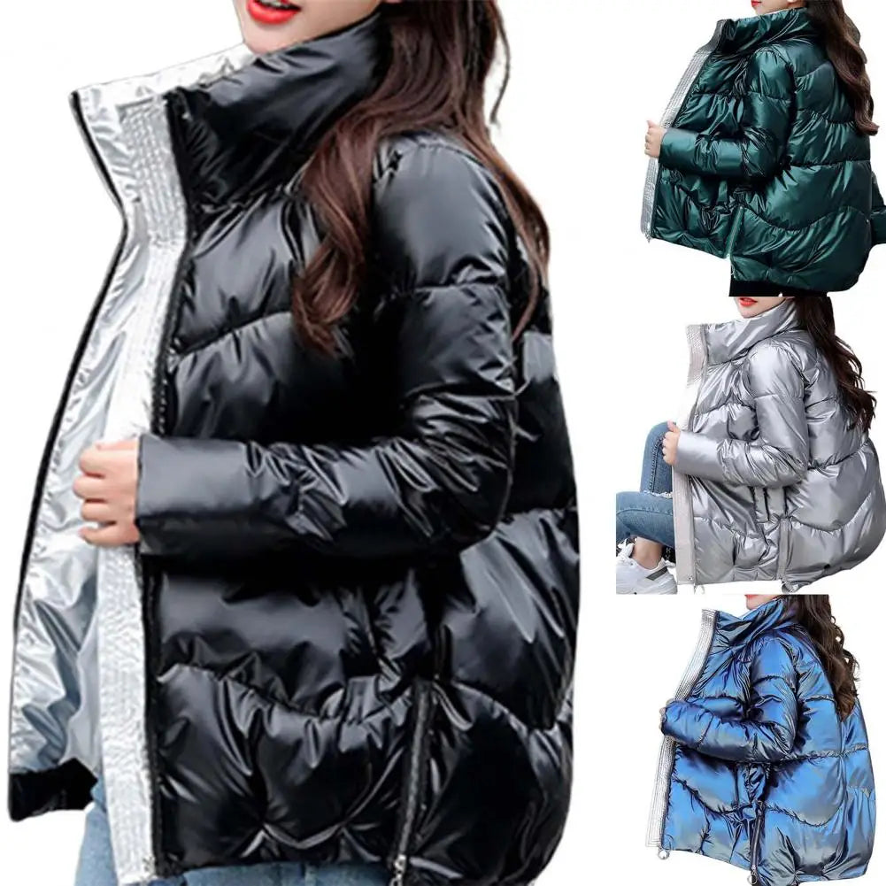 Glossy Winter Down Cotton Padded Jacket For Women Thick Bright Black Short Shiny Jacket Yellow Red Cotton Parkas Outwear