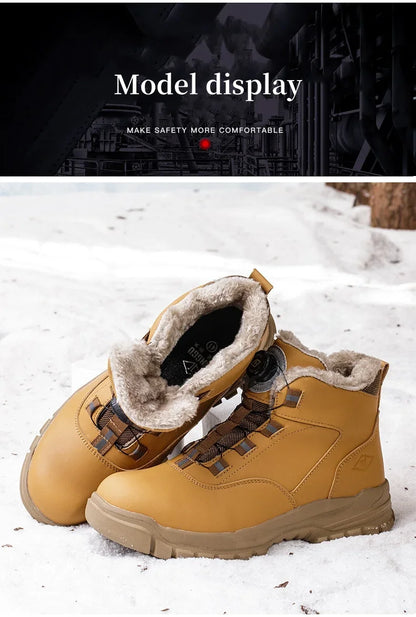 Black Leather Winter Fashion 2023 Rotating Buttons Safety Shoes Men Waterproof Work Boots Men Anti-puncture Protective Footwear