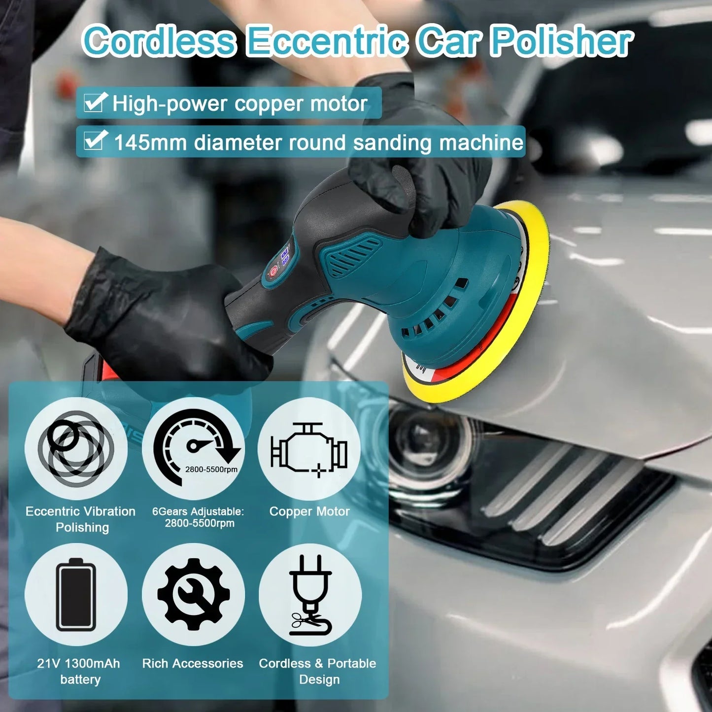 21V Cordless Car Polisher 6 Gears Speed ​​Electric Polishing Tool Multifunctional Metal Waxing Rust Removal Wood Sanding Machine