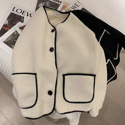 Women's Autumn Winter 2023 New Style Korean Fashion Loose Fit Cropped Petite Woolen Cardigan Jacket Crew Neck Top