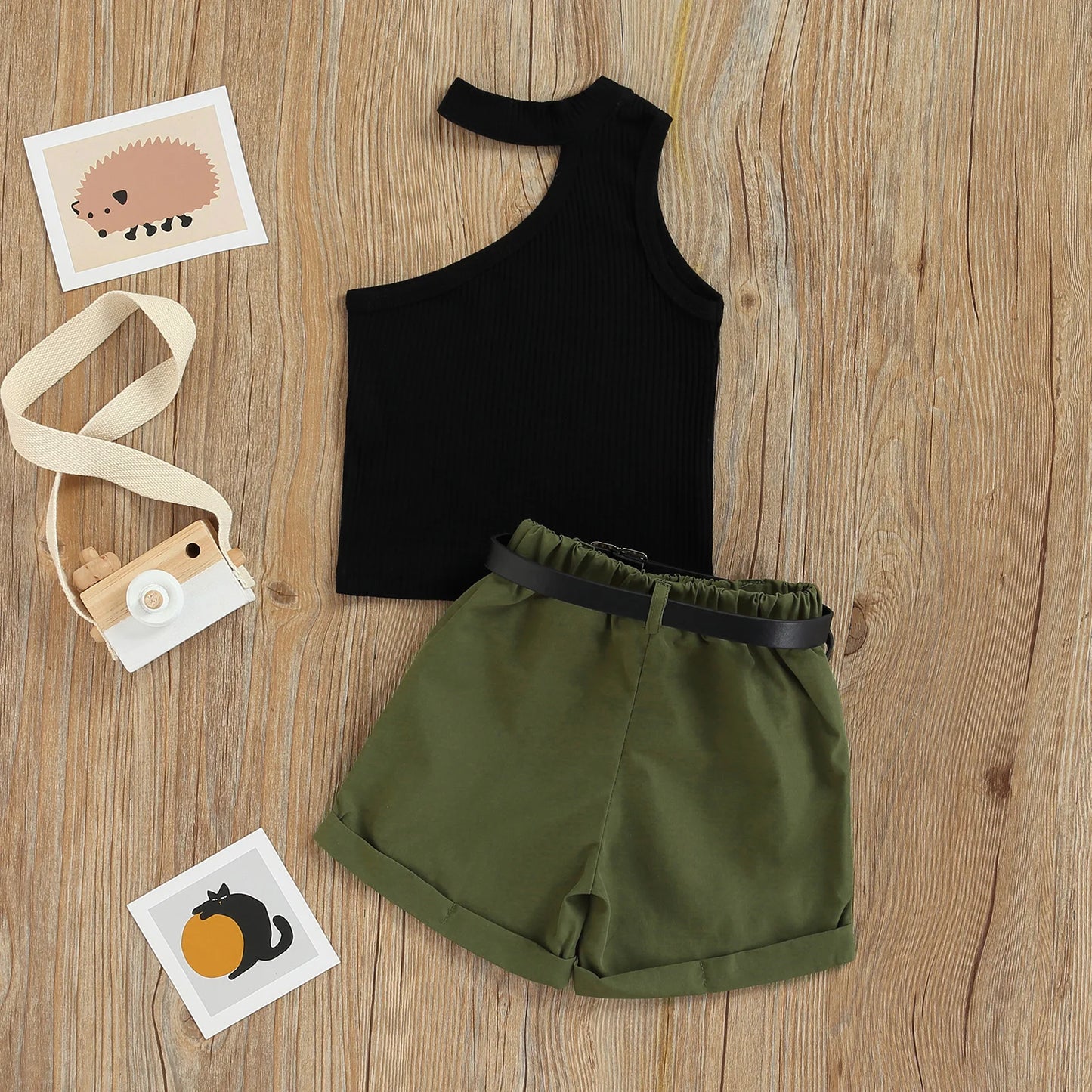 2022-02-18 Lioraitiin 1-6Years Toddler Baby Girl 2Pcs Summer Clothing Set One Shoulder Black Sexy Vest Top Green Shorts