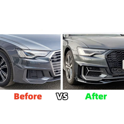 Glossy Black Car Front Bumper Grille Grill Cover For Audi S6 A6 C8 RS6 S-Line 2018 -2024 HONEYCOMB Fog Light Bezel Cover