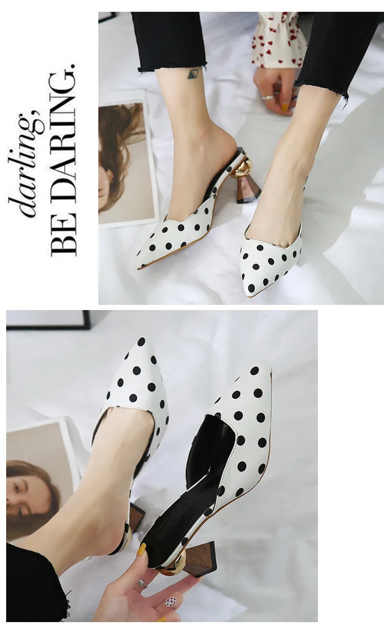 High Heel Slippers Pointed Toe Shoes Woman Elegant Mules Shoes Women Black White Dot Metal Heel Outdoors Womens Slippers E662