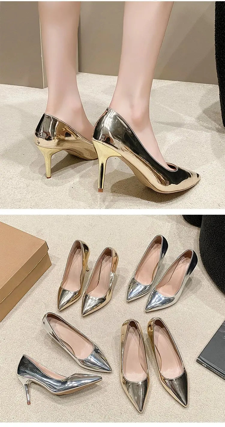 Soft Leather Sliver Gold High Heels 8/10cm Shoe Fashion Women Pumps Pointed Toe Slip-on Office Woman Wedding Shoes Large Size 43