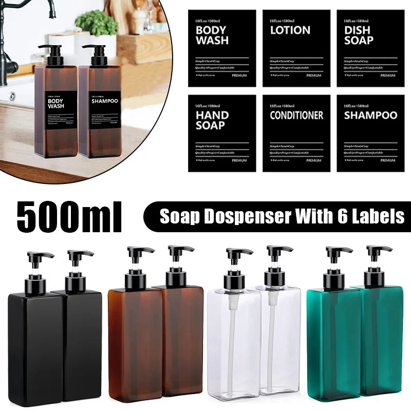 2x 500ml Refillable Square Soap Dispenser Bathroom Kitchen Liquid Storage Bottle Hand Dish Shampoo Container With Label Stickers