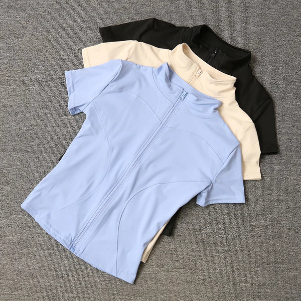 Top da allenamento snellenti estivi di alta qualità da donna, a rapida asciugatura, aderenti, con collo alto, cerniera completa, maniche corte, magliette da yoga