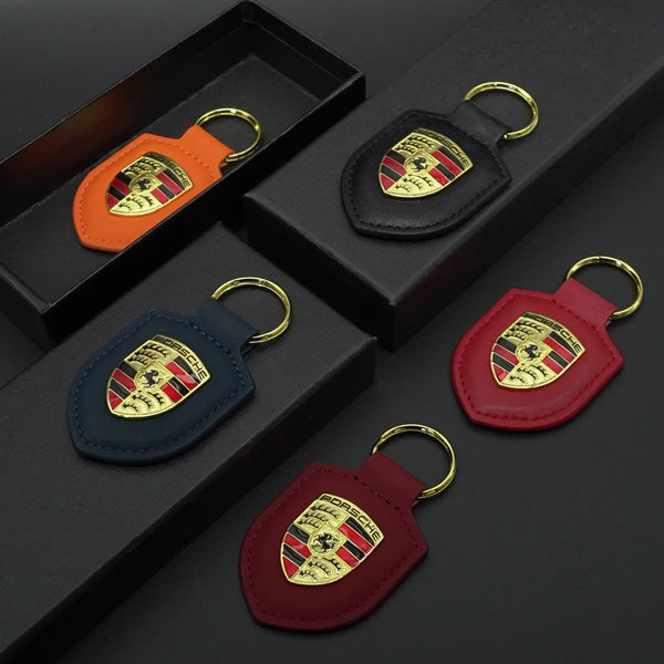 Portachiavi per auto, in pelle, con ciondolo a forma di scudo, idea regalo per Porsche Macan 911 718 Taycan Panamera Cayenne Boxster Cayman