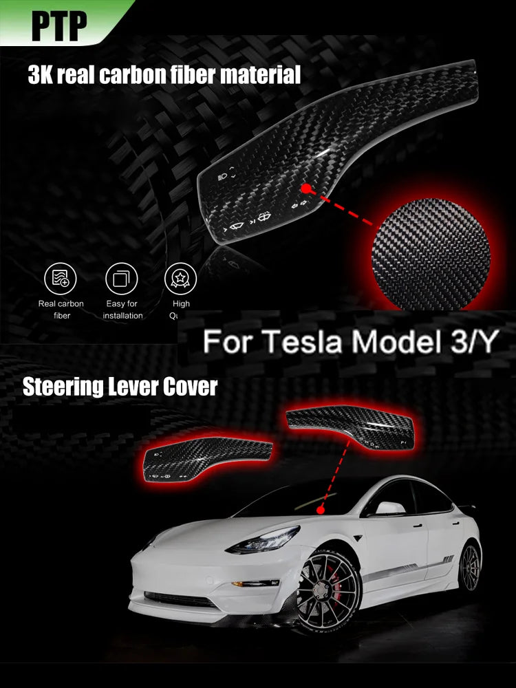 2024 Model Y Gear Shift Cover for Tesla Model 3 2023-2017Real Carbon Fiber Steering Wheel Gear Lever Cover Car Protect Accessory