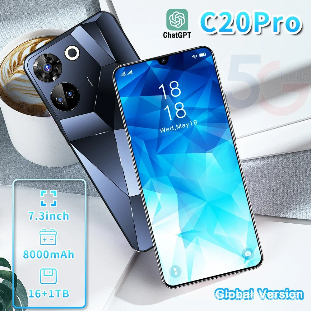 C20Pro Android Smartphone 7.3-inch HD Screen 16+1T Memory Hot Selling Cheap Mobile Phone for Foreign Trade S22 S23 Ultra