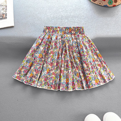 Kids Girls Princess Pleated Skirts Korean Girls Cotton Printed Large Hem Skirt Kids Floral Fluffy Party Skirt Children Clothes