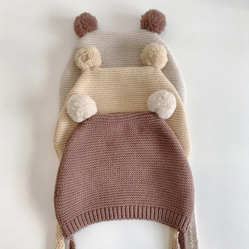 Korean Baby Ear Protection Hat Winter Warm Toddler Knitted Hat 2-24 Months Infant Woolen Crochet Bonnet Double Ball Kids Beanie