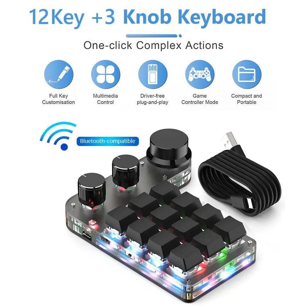 Programmable DIY Mechanical Keyboard RGB 12 Keys 3 Knob Custom Macro Keypad Bluetooth/USB Hotswap Keyboard for Macbook Laptop PC