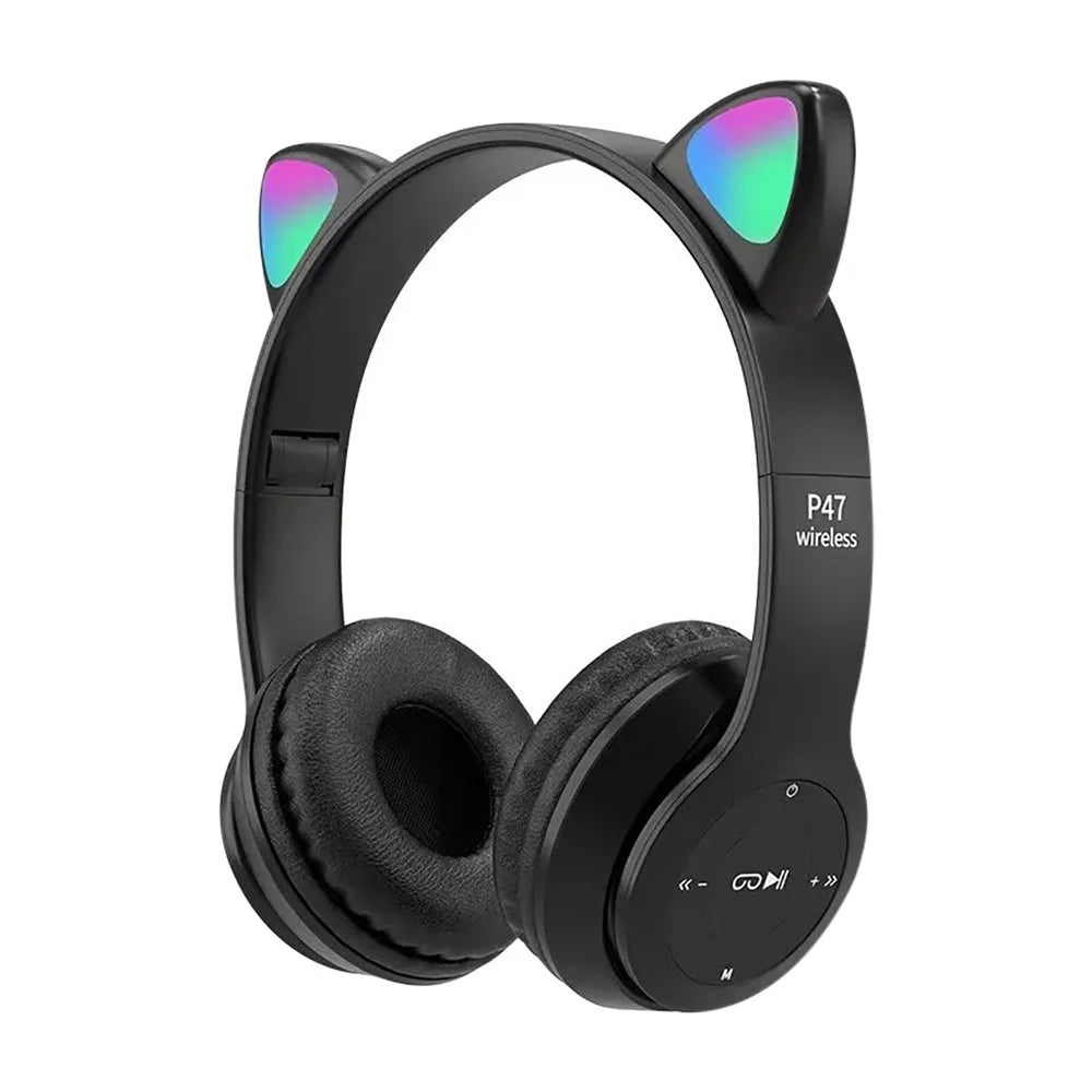 Cute Cat Ear Bluetooth Compatible Headset with LED Wireless Headset Children Girls Stereo Folding Sports Headset with Microphone