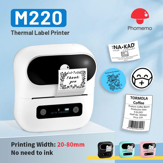 1-Phomemo M220 Label Printer Portable Handheld Thermal Maker Bluetooth Barcode QR Code Sticker Paper Rolls Labeller White 75mm Tag