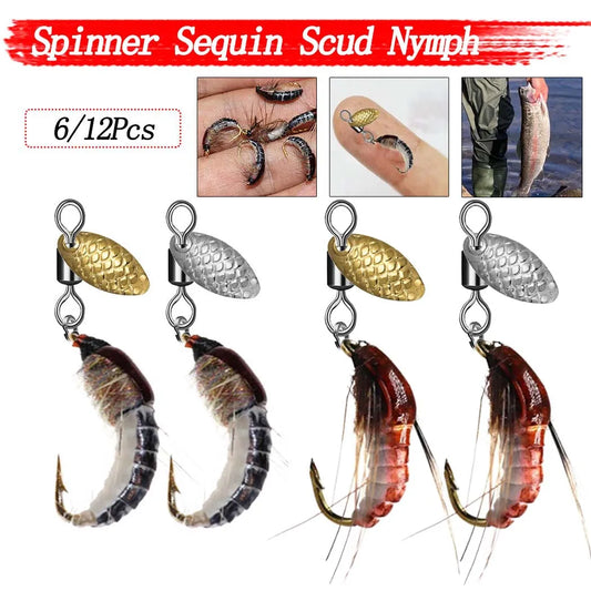 6/12Pcs Spinner Sequin Scud Nymph Scud Lure Fly for Trout Fishing Artificial Insect Bait Simulated Scud Worm Fishing Lure