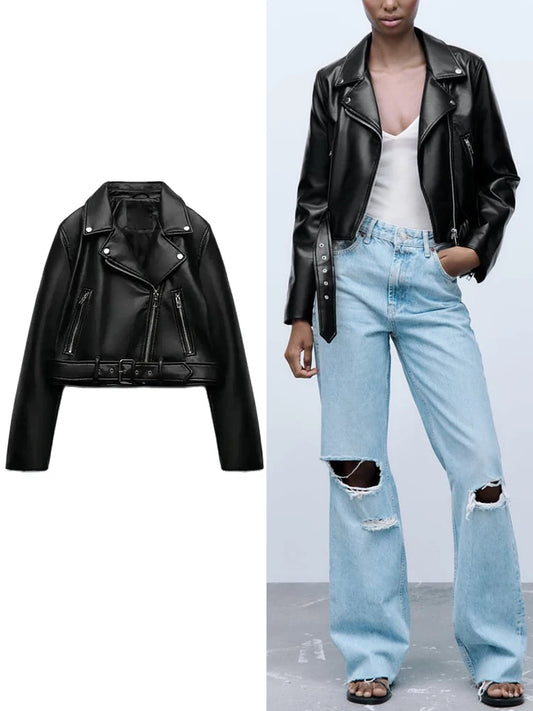 TRAF Women's New with Belt Zipper Jacket Fall and Winter Fashion Street Shooting Loose Faux Leather Biker Jacket Short Jacket