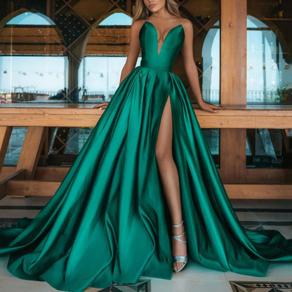 Burgundy Prom Party Strapless Dress Women‘s Sleeveless A-Line Slim Waist Dress Female Backless Wedding Evening Gown With Train