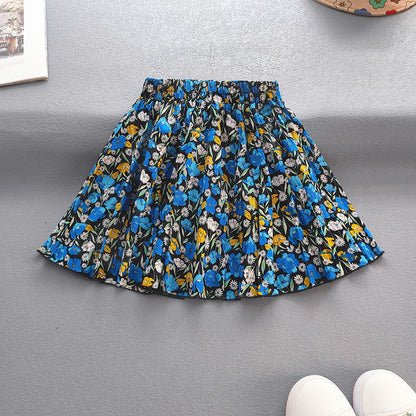 Kids Girls Princess Pleated Skirts Korean Girls Cotton Printed Large Hem Skirt Kids Floral Fluffy Party Skirt Children Clothes