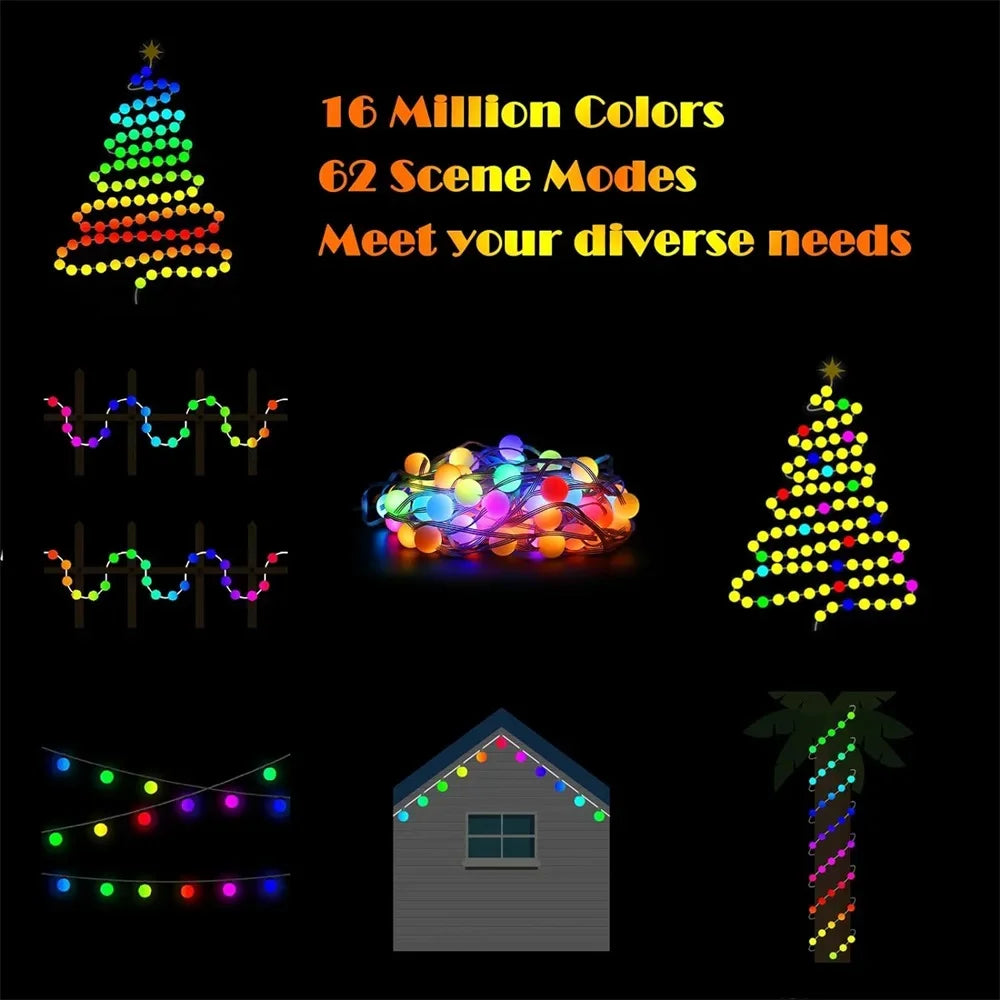 10M RGB LED Fairy Lights Globe Ball String Smart APP Bluetooth Control Addressable Garlands Outdoor Christmas Room Decoration