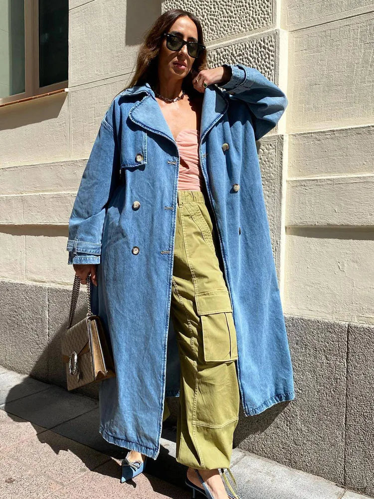 Denim Trench Coats For Women Belt On Waist Slim Jean Coats Ladies Jaqueta Feminina Blue Jean Jacket Woman