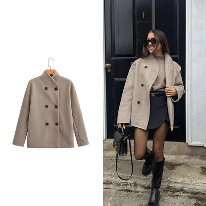 TRAF Women's British style short double-breasted tweed jacket fashion commuter long-sleeved stand-up collar coat jacket