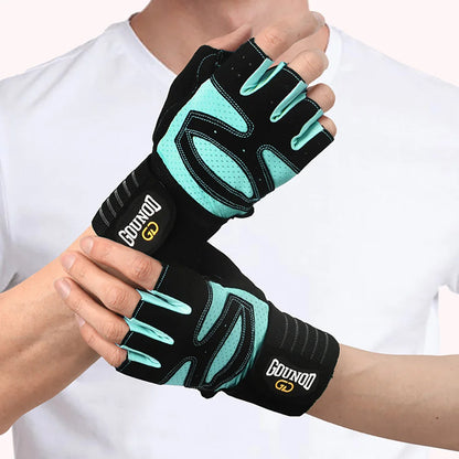 Men Women Ventilated Gym Workout Gloves with Wrist Wrap Support Full Palm Protection for Weightlifting Training Fitness Pull ups