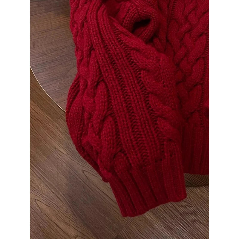 Vintage Red Sweater Women Christmas Long Sleeve Knitted Pullovers Streetwear Korean O Neck Knitwear Fall Winter Casual Jumpers