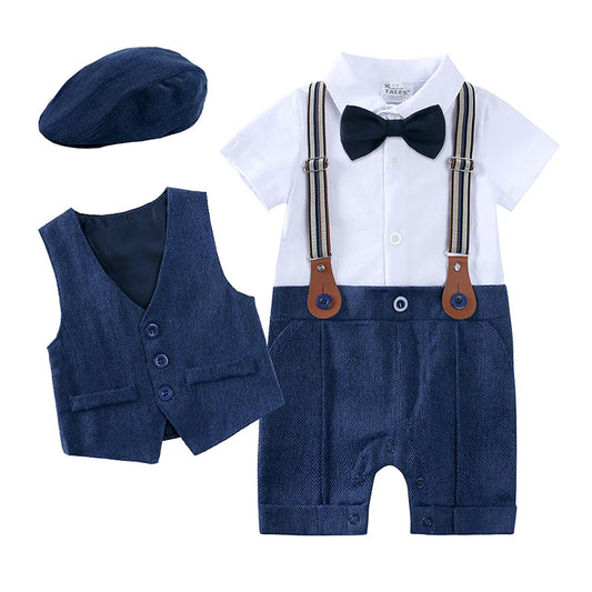 2024 Gentleman Baby Set Shirt Bow Tie Romper+Vest+Hat Newborn Dress Infant Baby Boys Clothes Set 3 Pcs Party Suit School Outfits