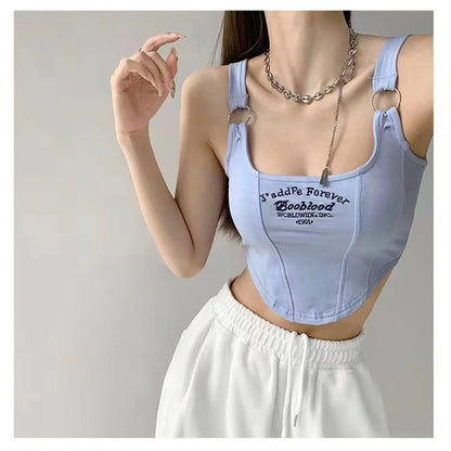 Summer Women'S Sexy Letter Printing Strap Short Tank Top With Irregular Cropped Inner Layup Tubular Top With Embossed Chest Pads