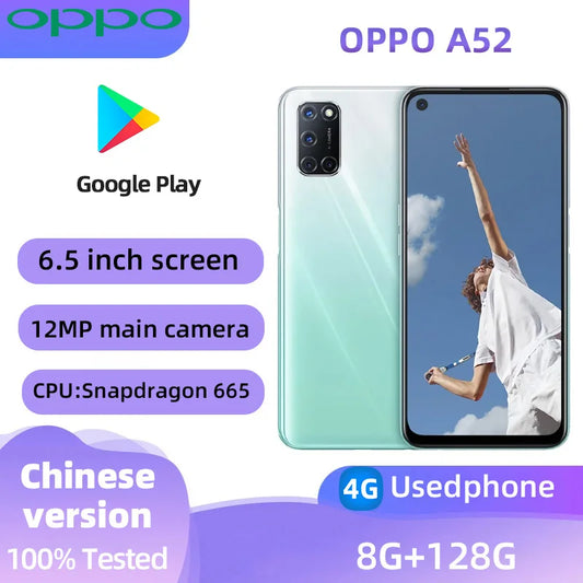 oppo A52 4G SmartPhone Android CPU Qualcomm Snapdragon 665 6.5 inches Screen ROM 128GB 5000mAh Charge 12MP Camera  used phone