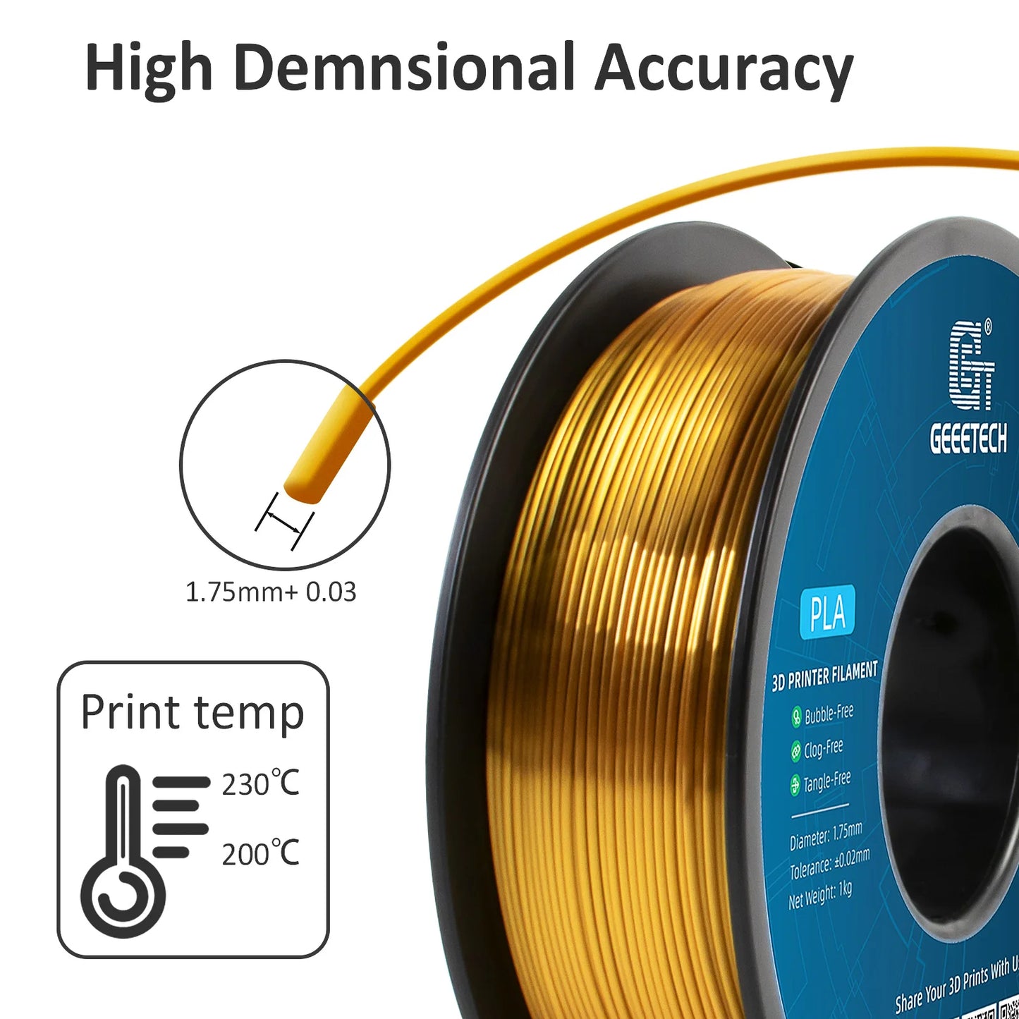 GEEETECH 10Kg 3d Silk PLA Filament 1.75mm Spool Wire For 3D Printer Material,Safety, Vacuum packaging