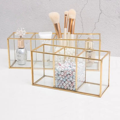 Transparent Glass Makeup Brush Storage Box Gold Cosmetics Container Ring Pencil Lipstick Holder Make Up Brushes Organizer