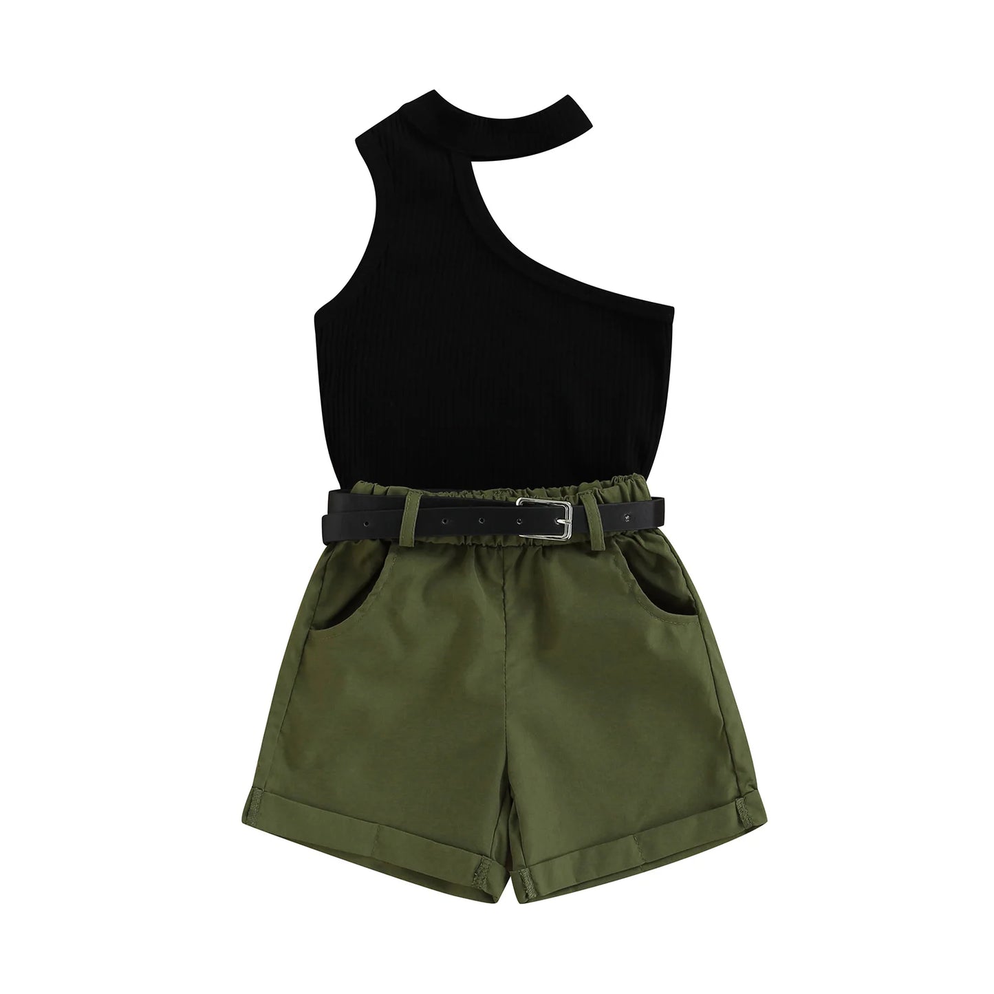 2022-02-18 Lioraitiin 1-6Years Toddler Baby Girl 2Pcs Summer Clothing Set One Shoulder Black Sexy Vest Top Green Shorts