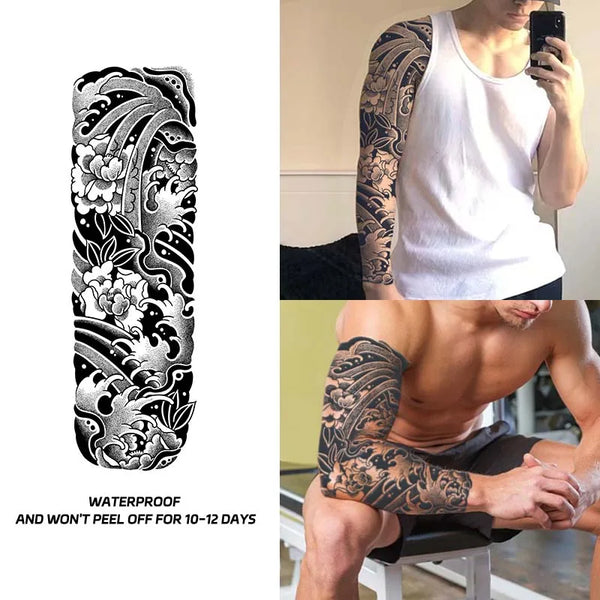 Adesivo per tatuaggio temporaneo impermeabile a braccio intero con onda giapponese, a lunga durata per 1-2 settimane, tatuaggio finto semipermanente realistico