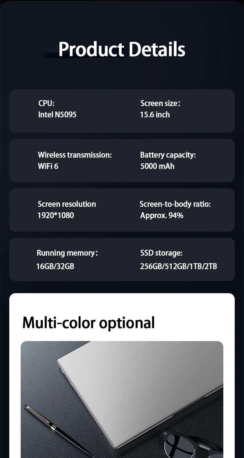 15.6" Inch Laptop, Windows 11 Pro,1920x1080,32GB RAM+2048 GBSSD ROM,Fingerprint Unlock,Backlit Keyboard,Portable Office Notebook