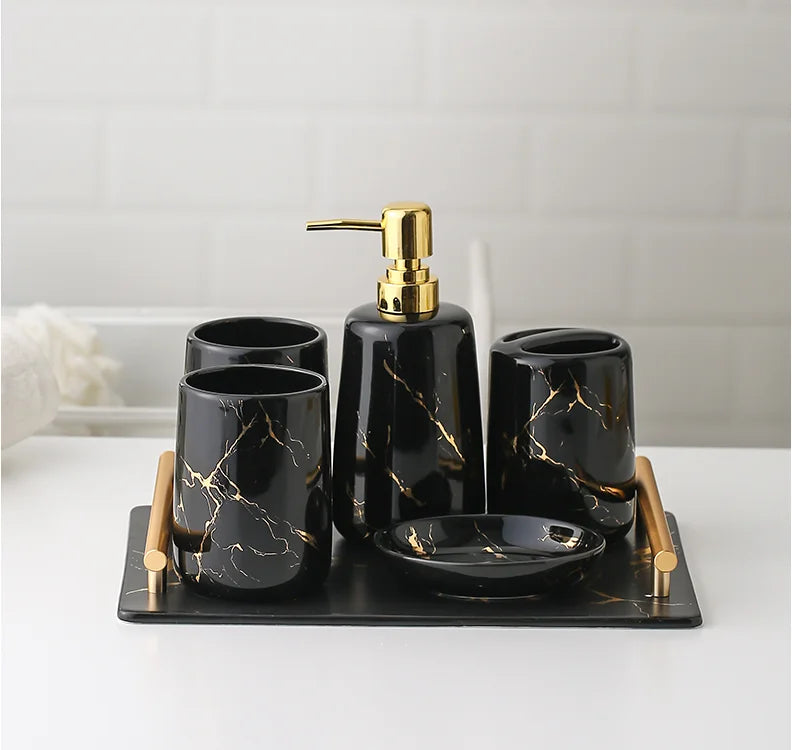 Ceramic Toiletries Bathroom Set Marble Porcelain Cup Toothbrush Holder / Soap Dispenser / Tray Bathroom Decoration Accessories