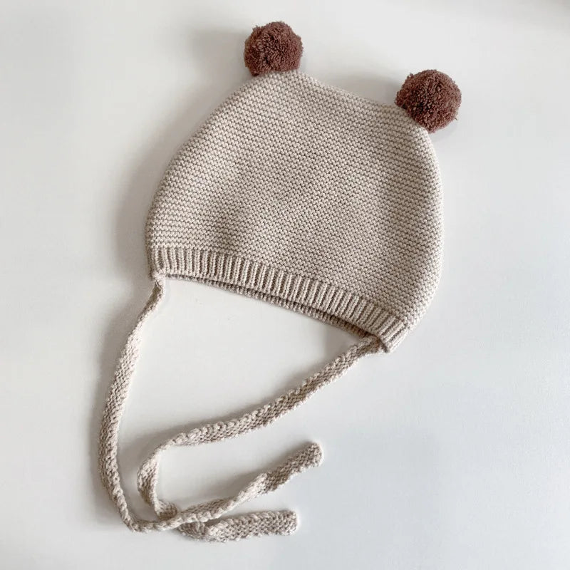 Korean Baby Ear Protection Hat Winter Warm Toddler Knitted Hat 2-24 Months Infant Woolen Crochet Bonnet Double Ball Kids Beanie